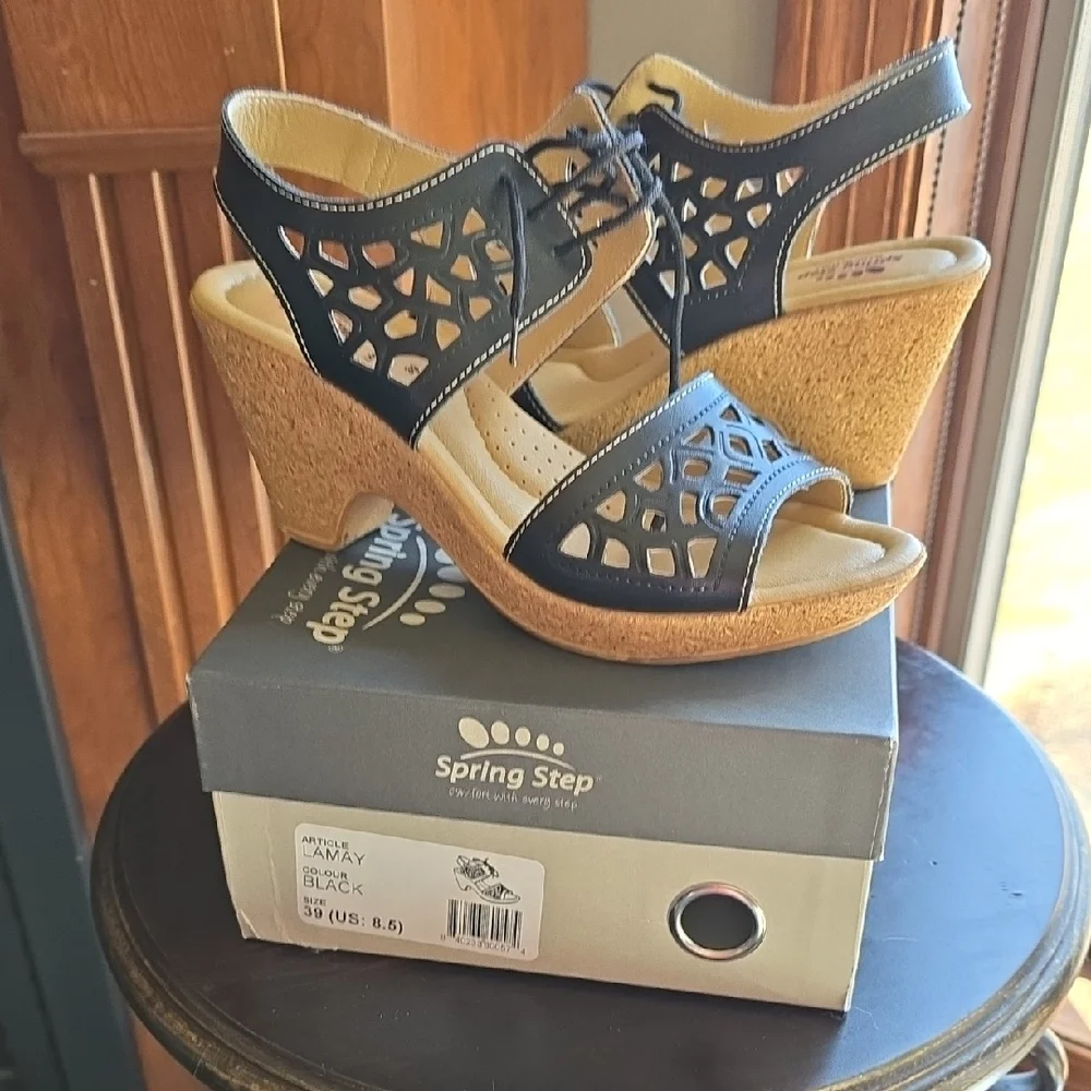 Spring Step Black Wedge Sandals - Picture 6 of 6